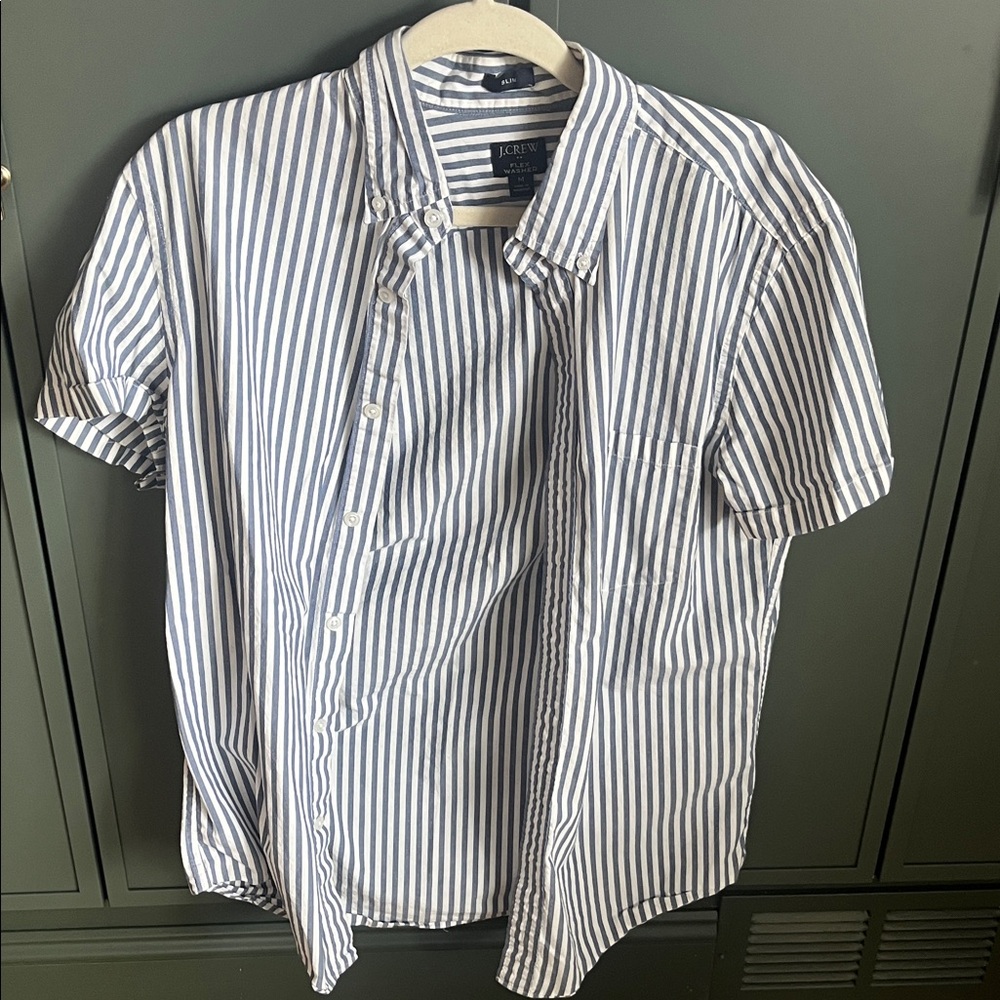 J. Crew Men's Navy and White Striped Button Down Shirt